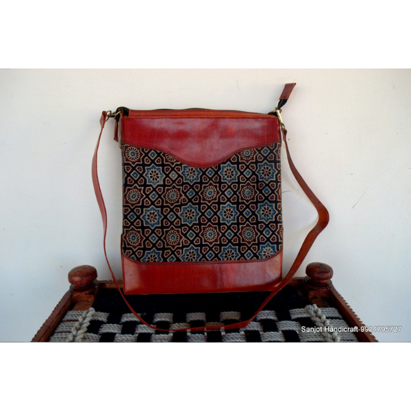 Leather handbag with Mashru Fabric